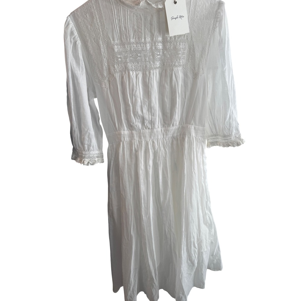 Simple Retro White Cotton Lace Pintuck Prairie Dress Womens Medium NWT